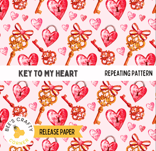 The image is a repeating pattern of various heart-shaped objects, including keys and bows, arranged in a visually appealing and harmonious manner.