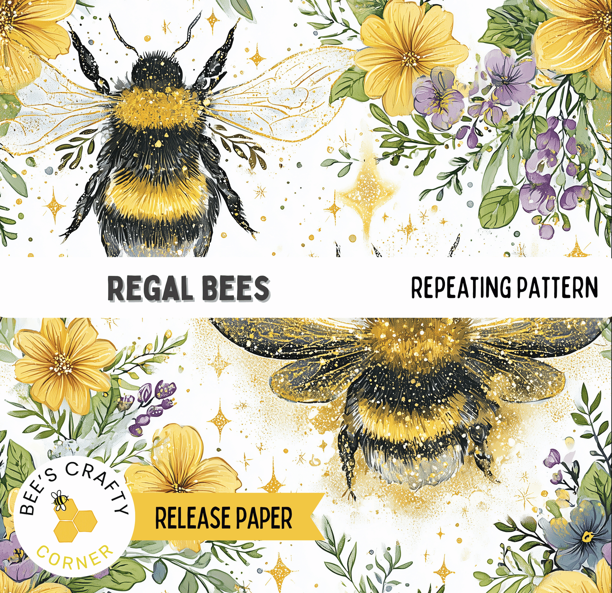 two images of a bee and a flower pattern