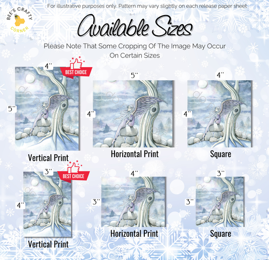 The image is a collection of six different sizes of the same artwork, featuring an angel-like figure in a snowy landscape. The artwork is a vertical print, with the sizes ranging from 4" to 5" in inches.