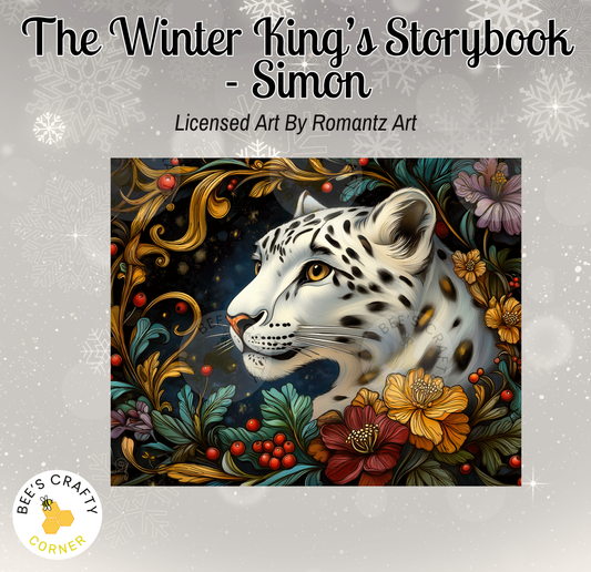 The image is a vibrant illustration of a snow leopard surrounded by a lush, colorful floral arrangement.