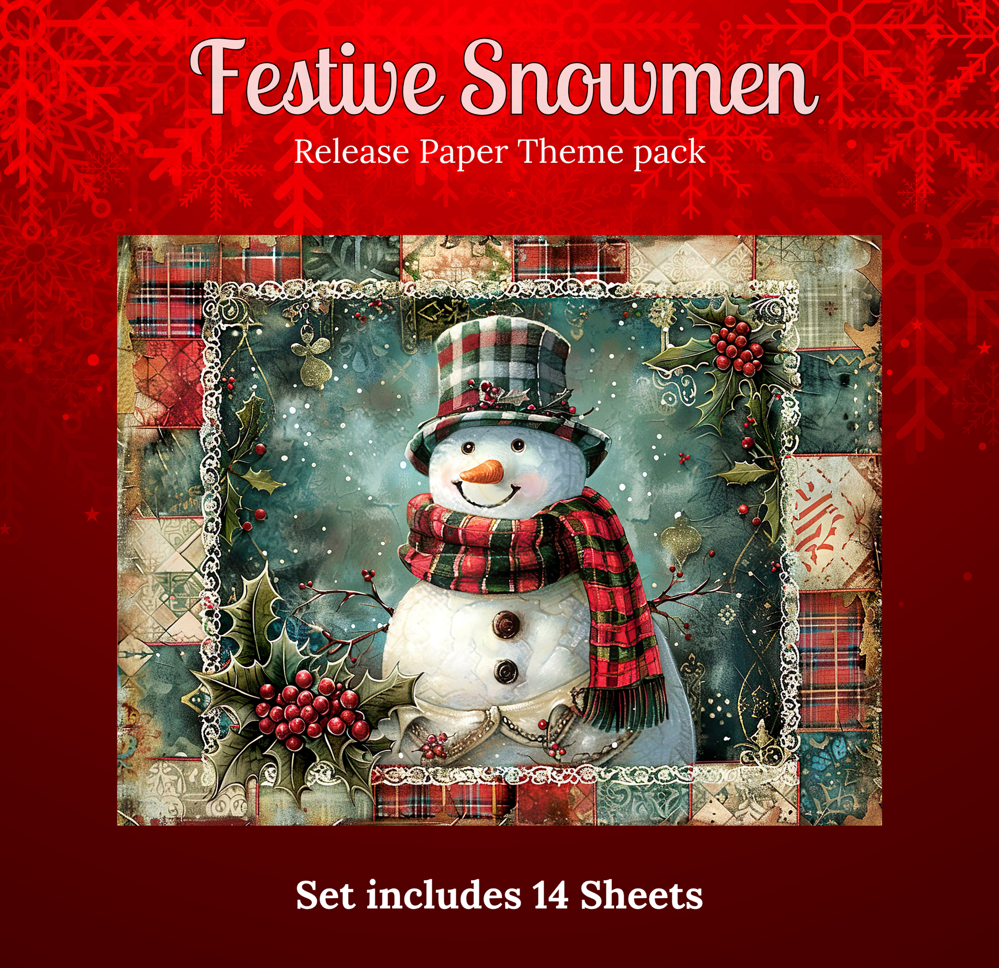 The image is a festive paper theme pack featuring a snowman surrounded by holiday decorations such as berries, holly leaves, and a scarf. The pack includes 14 sheets of paper, providing a variety of designs and styles for creating holiday-themed projects.