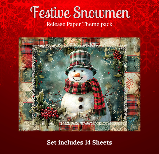 The image is a festive paper theme pack featuring a snowman surrounded by holiday decorations such as berries, holly leaves, and a scarf. The pack includes 14 sheets of paper, providing a variety of designs and styles for creating holiday-themed projects.