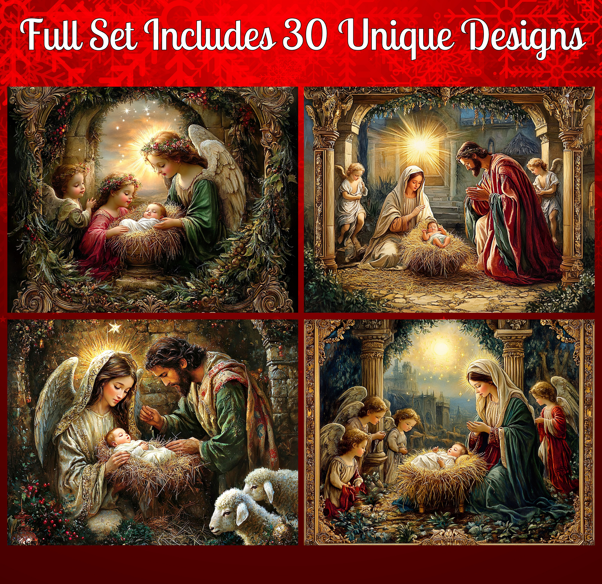 The image is a collage of four distinct scenes from the nativity story, each depicting a different scene from the story.