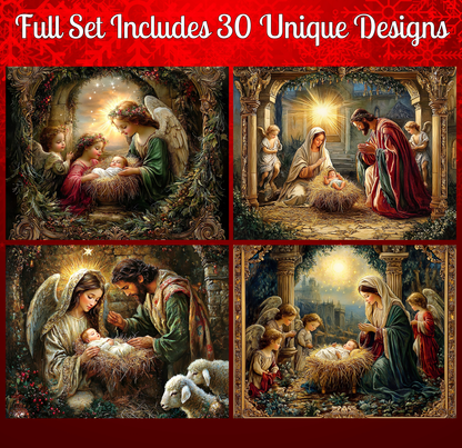 The image is a collage of four distinct scenes from the nativity story, each depicting a different scene from the story.