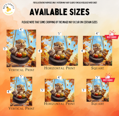 The image is a collage of six different sizes of the same cartoon character, a squirrel, sitting in a tire swing. The sizes vary from 4" to 5" in both vertical and horizontal prints. The image is for illustrative purposes only and may vary slightly on each release paper sheet.