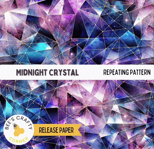 The image is a collage of various images, including a repeating pattern of geometric shapes in shades of purple, blue, and white, resembling a night sky or a crystal structure.