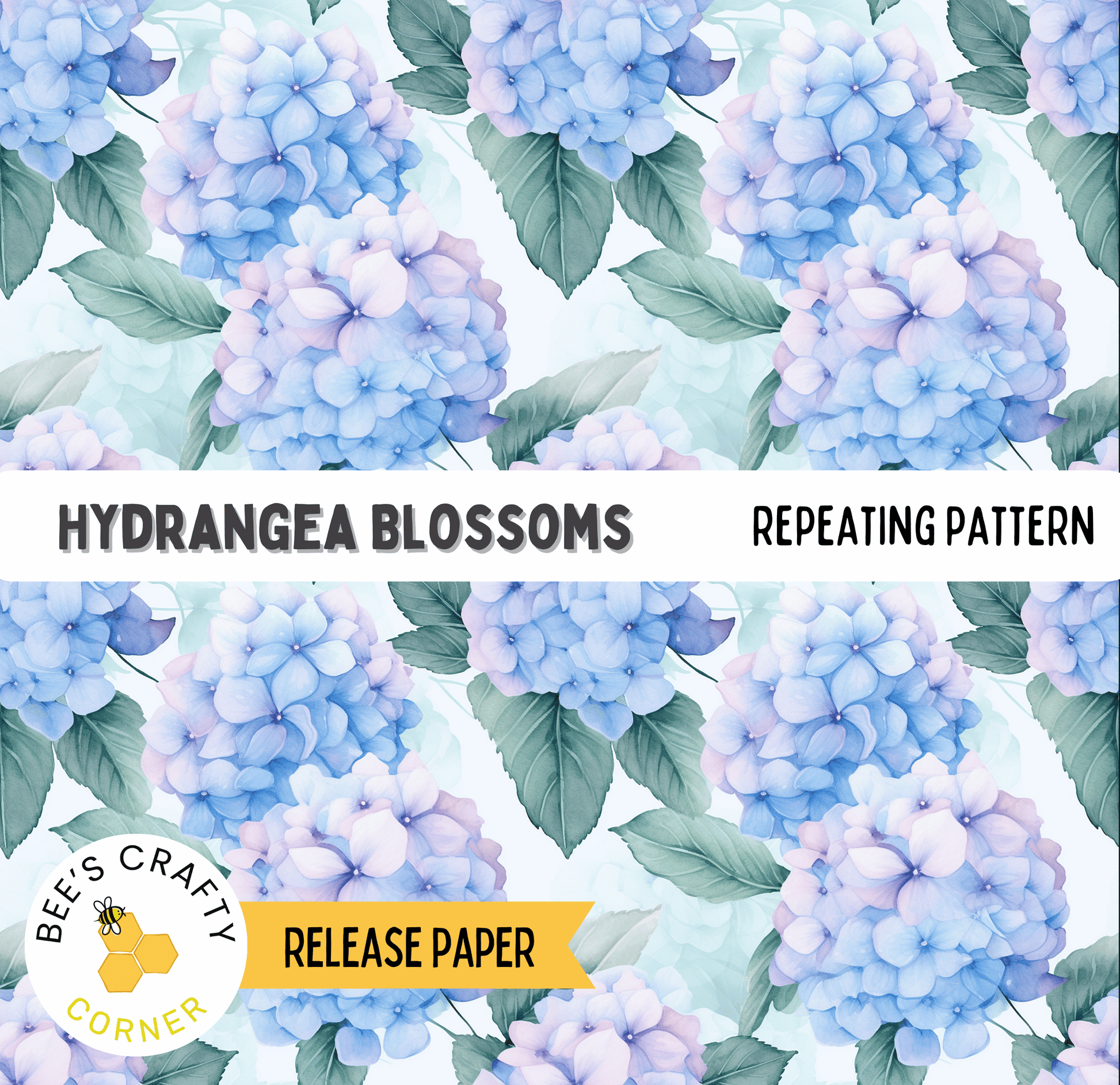 The image is a repeating pattern of blue hydrangea blossoms against a light blue background, with green leaves.
