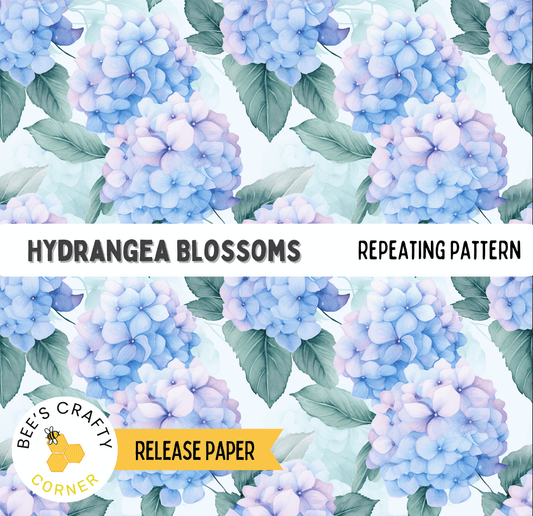 The image is a repeating pattern of blue hydrangea blossoms against a light blue background, with green leaves.
