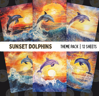 The image is a collage of six paintings depicting dolphins jumping out of the water at sunset.
