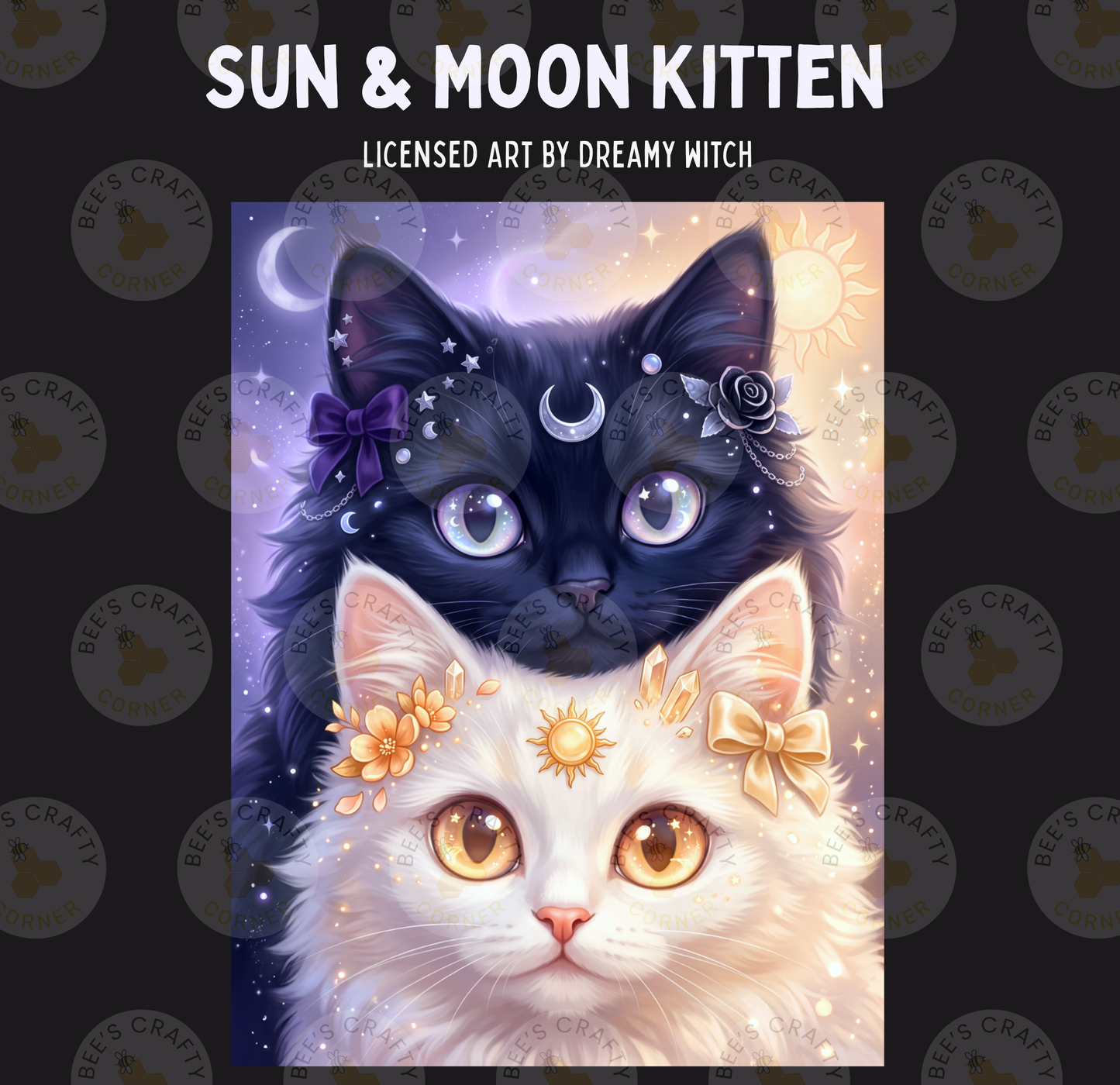 The image is a digital illustration featuring two cats, one white and one black, with a moon and sun motif. The white cat has a bow on its head and a sun-like symbol on its forehead, while the black cat has a crescent moon and star-like symbols on its head. The background is a dark purple color with a pattern of circles and stars.