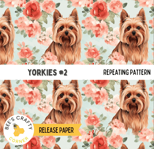 The image is a repeating pattern of a Yorkshire Terrier dog against a background of pink and white flowers.