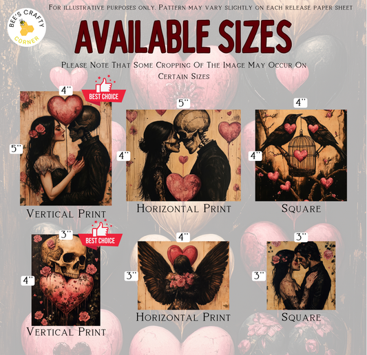 The image is a collection of six different artistic prints, each with a unique size and style. The prints include a vertical print, a horizontal print, a square print, a heart-shaped print, a skull-shaped print, and a heart-shaped print. The text indicates that some cropping of the image may occur on certain sizes, and the sizes listed are 4", 5", 4", 5", 4", and 5".