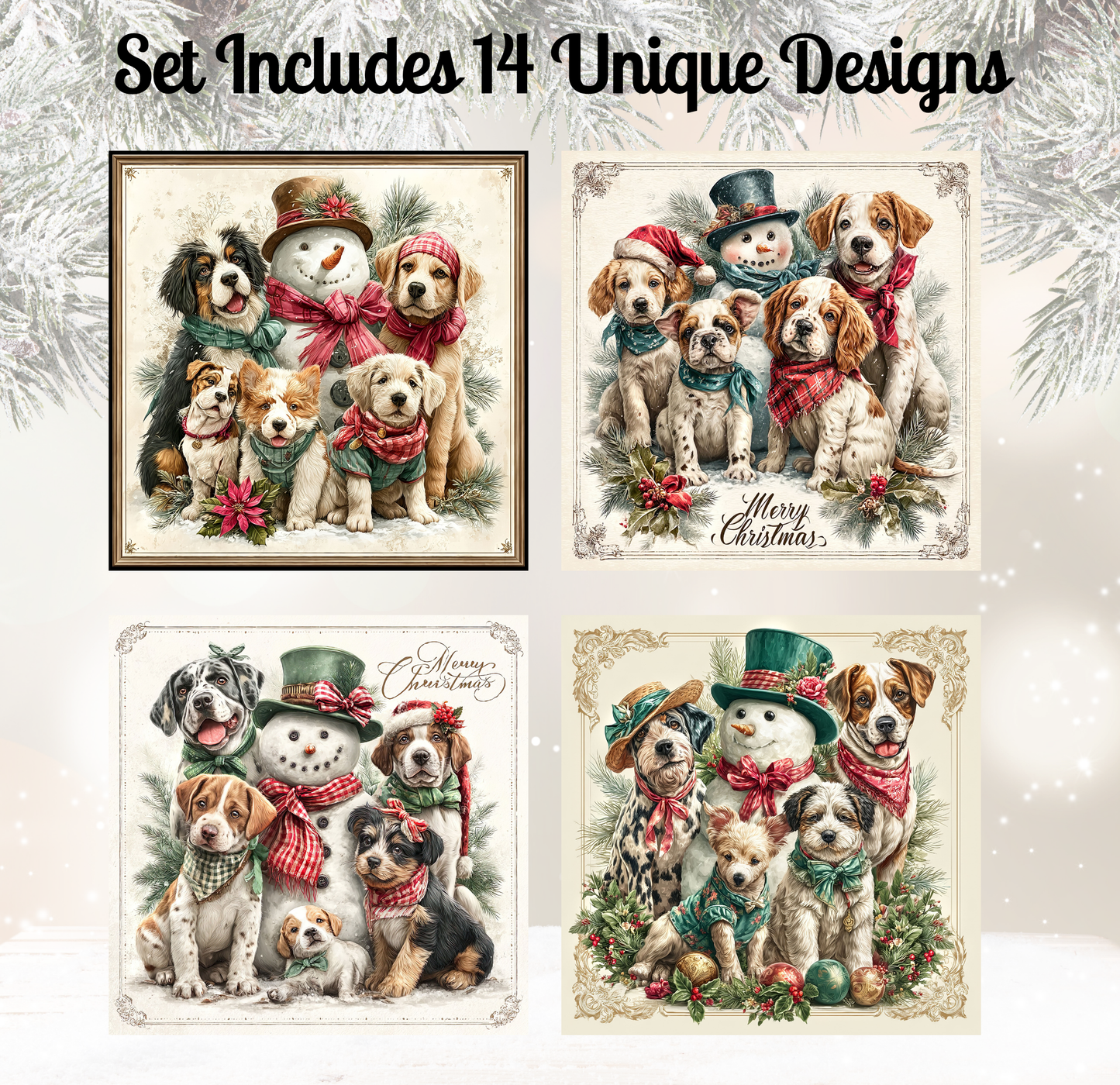 four distinct Christmas-themed illustrations featuring dogs dressed in festive attire, including Santa hats, scarves, and other holiday accessories.