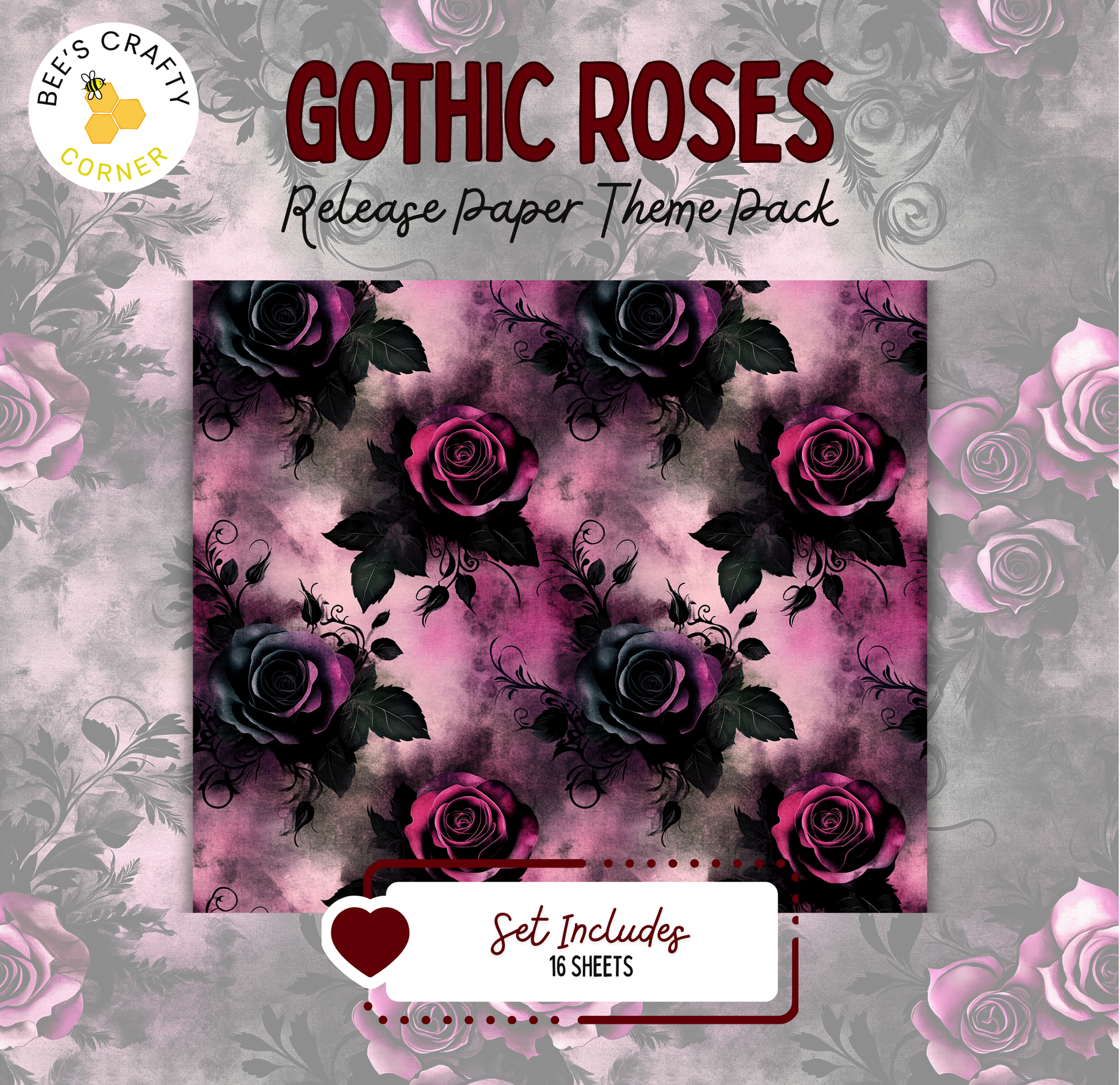 The image is a promotional poster for a "Gothic Roses Release Paper Theme Pack". The poster features a repeating pattern of black and pink roses against a gray and white floral background.
