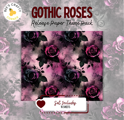 The image is a promotional poster for a "Gothic Roses Release Paper Theme Pack". The poster features a repeating pattern of black and pink roses against a gray and white floral background.