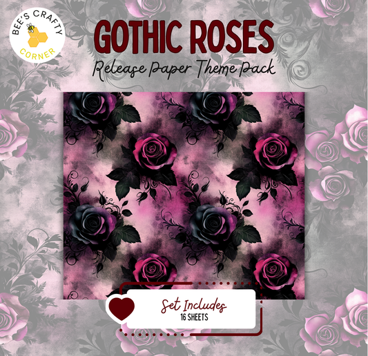 The image is a promotional poster for a "Gothic Roses Release Paper Theme Pack". The poster features a repeating pattern of black and pink roses against a gray and white floral background.