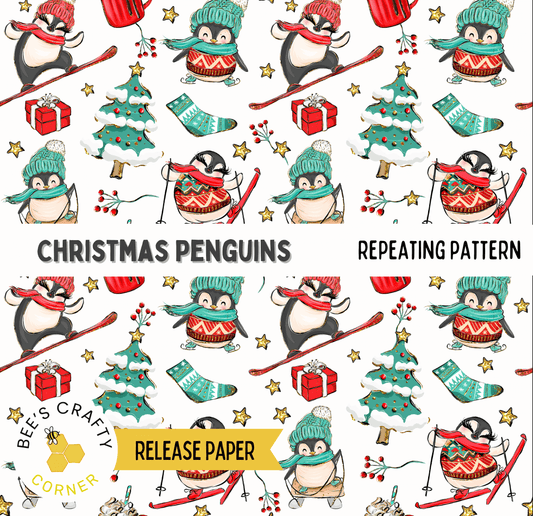 The image is a repeating pattern of Christmas-themed illustrations, including penguins, trees, presents, and other festive elements.