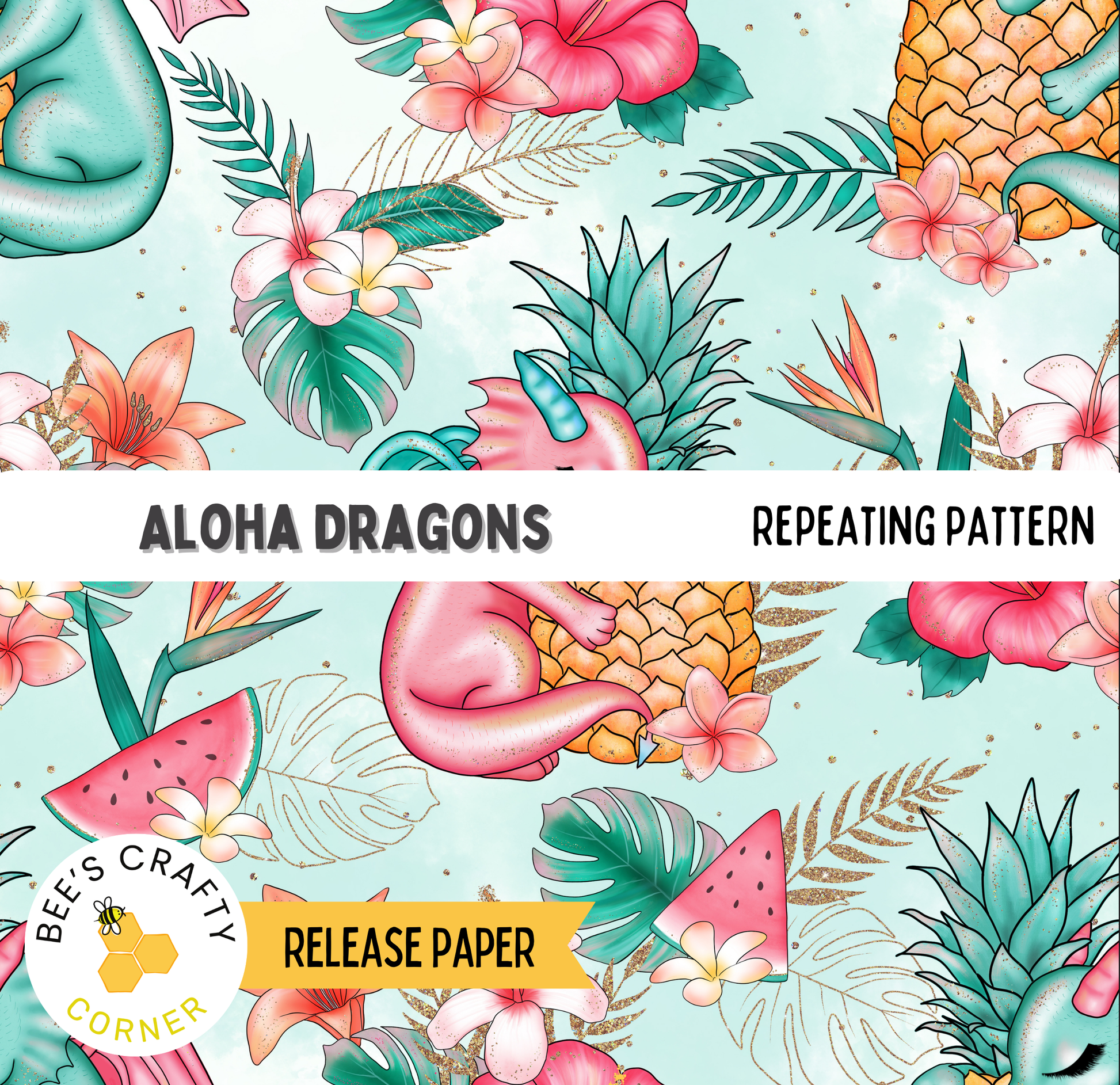 The image is a repeating pattern featuring various tropical flowers, palm leaves, and a pineapple, along with a dragon-like creature.