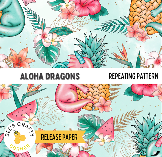 The image is a repeating pattern featuring various tropical flowers, palm leaves, and a pineapple, along with a dragon-like creature.