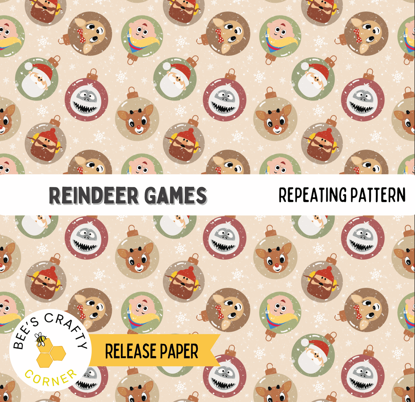 The image is a repeating pattern of various Christmas-themed ornaments and characters, including reindeer, Santa Claus, and other festive elements, arranged in a grid-like layout.