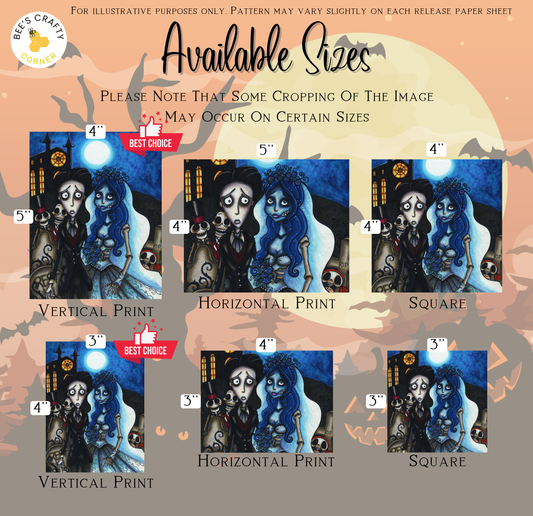 The image is a collection of six different sizes of illustrations depicting the characters from the classic horror film "The scarecrow". The illustrations are in various styles, including vertical, horizontal, and square prints. The sizes range from 3" to 4" in height.