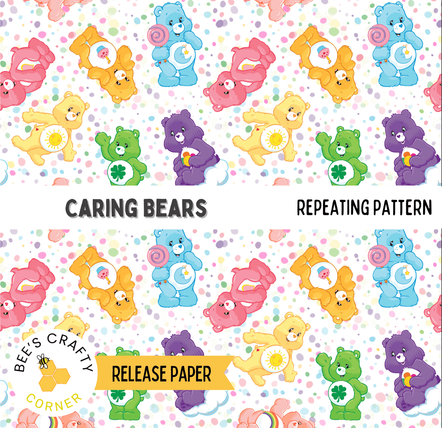 The image is a repeating pattern of various colorful and cheerful cartoon bears, including the Caring Bears, arranged in a visually appealing and playful manner.