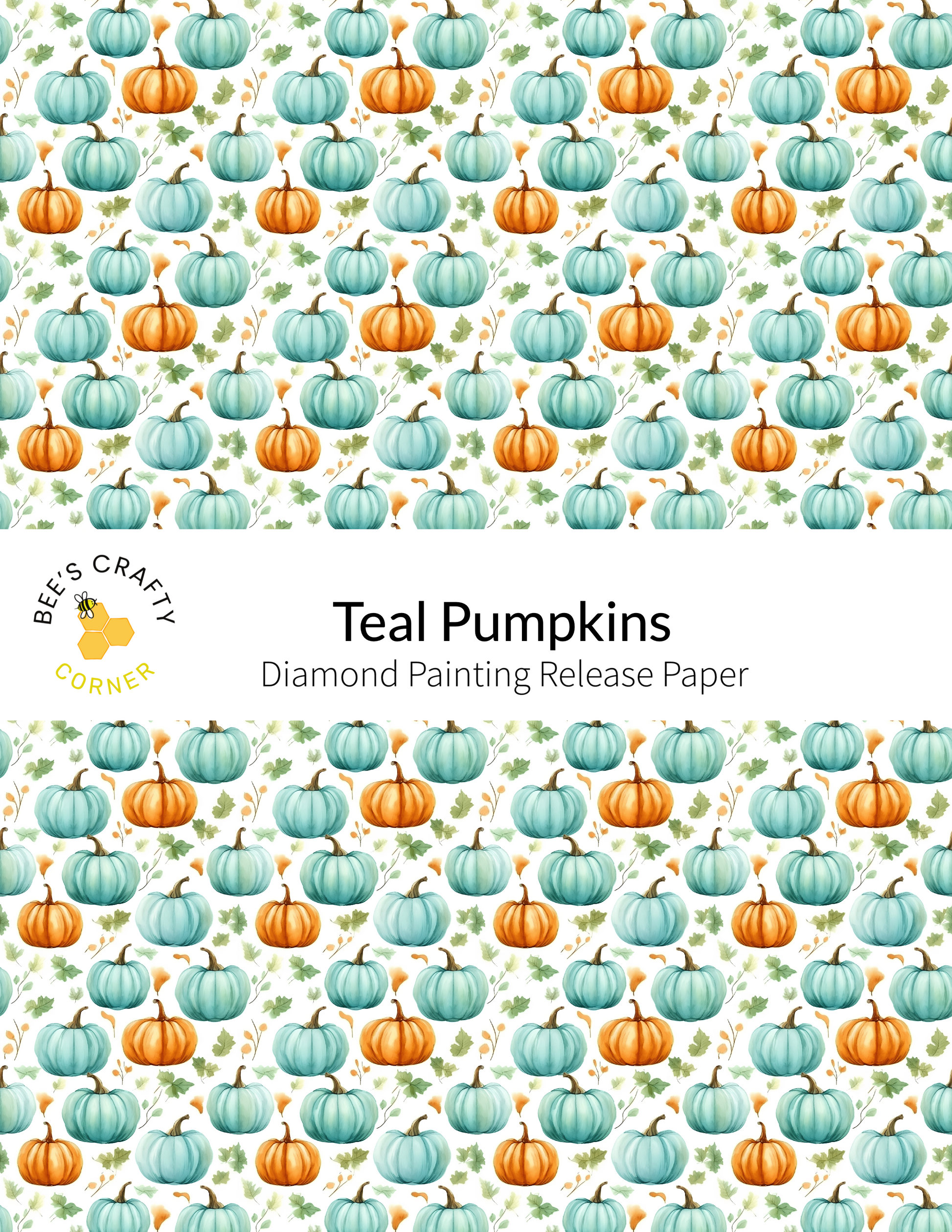 The image is a repeating pattern of teal and orange pumpkins against a white background.