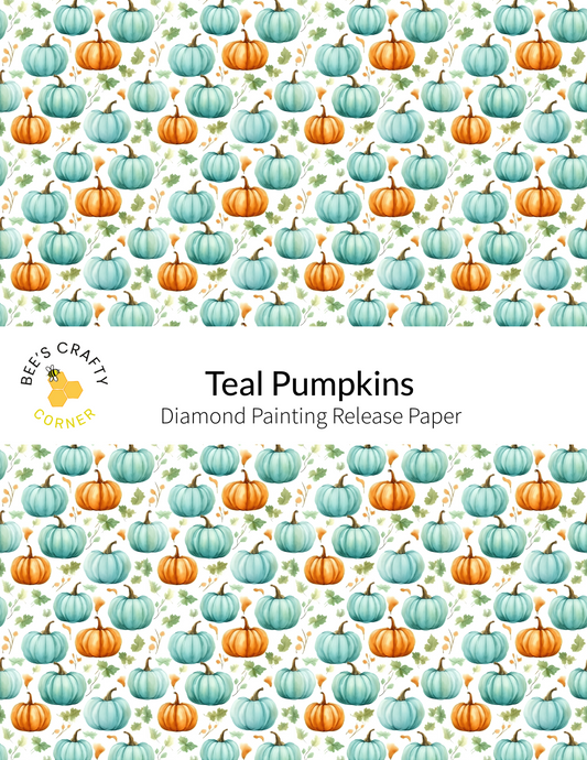 The image is a repeating pattern of teal and orange pumpkins against a white background.