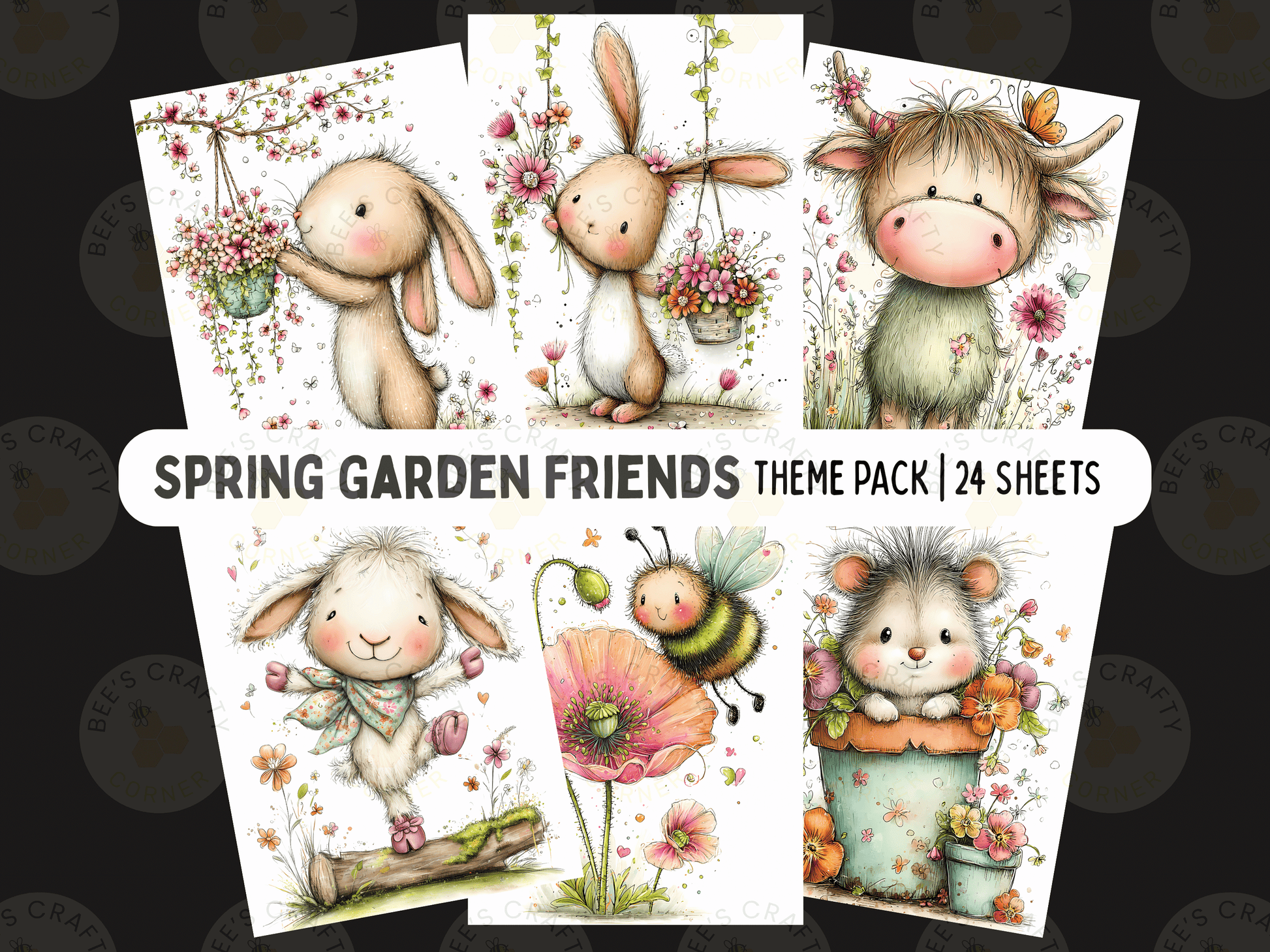 The image is a theme pack of 24 sheets featuring various cute and whimsical illustrations of garden animals, including rabbits, cows, and hedgehogs, along with flowers and plants.