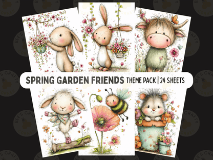The image is a theme pack of 24 sheets featuring various cute and whimsical illustrations of garden animals, including rabbits, cows, and hedgehogs, along with flowers and plants.