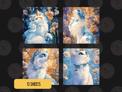 four square illustrations of cats, each with a unique background and floral elements. The cats are depicted in various poses and expressions, creating a visually engaging and artistic composition.