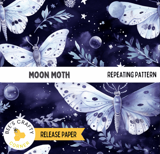 The image is a repeating pattern of white butterflies with black spots against a dark blue background, resembling a night sky.