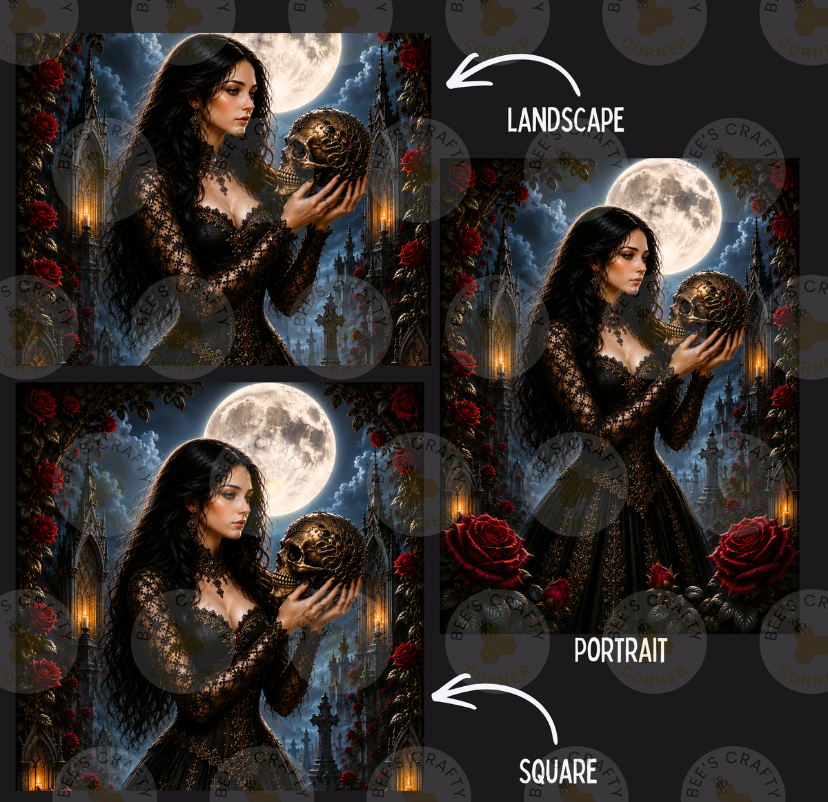 The image is a collage of three images depicting a woman holding a skull in a dark, Gothic-style setting with a full moon and roses.