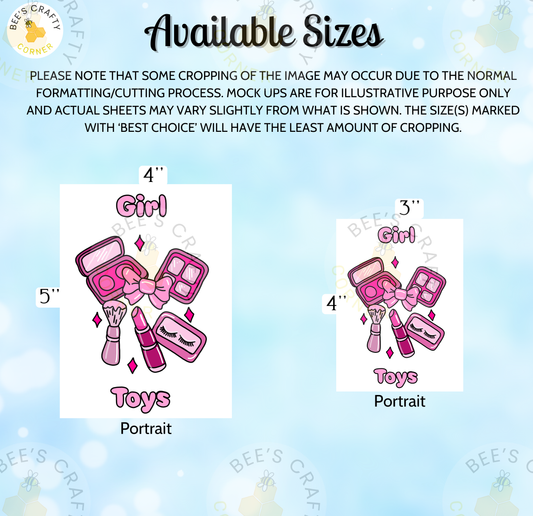 The image is a collage of two images, one depicting a makeup set and the other showing a toy set. The makeup set includes a pink lipstick, a pink eyeshadow palette, and a pink blush brush, while the toy set consists of a pink bow, a pink toy car, and a pink doll. The images are labeled with the text "4 Girl Toys Portrait" and "3 Girl Toys Portrait".