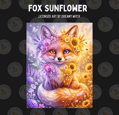 The image is a vibrant and colorful painting of a fox surrounded by a variety of flowers and plants, including sunflowers and lavender.