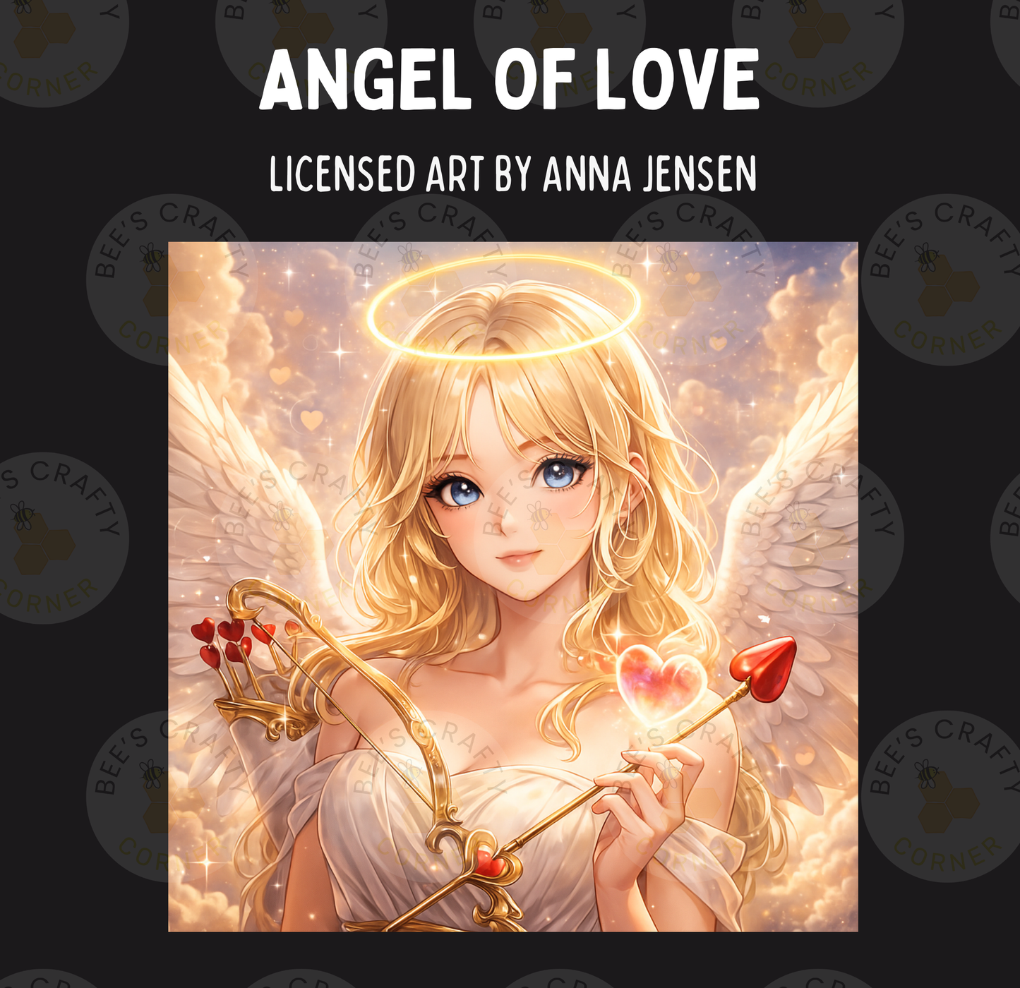 The image is a digital illustration featuring a beautiful, blonde-haired woman with blue eyes, wearing a white dress and holding a golden staff with a heart-shaped emblem.