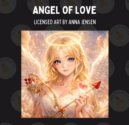 The image is a digital illustration featuring a beautiful, blonde-haired woman with blue eyes, wearing a white dress and holding a golden staff with a heart-shaped emblem.