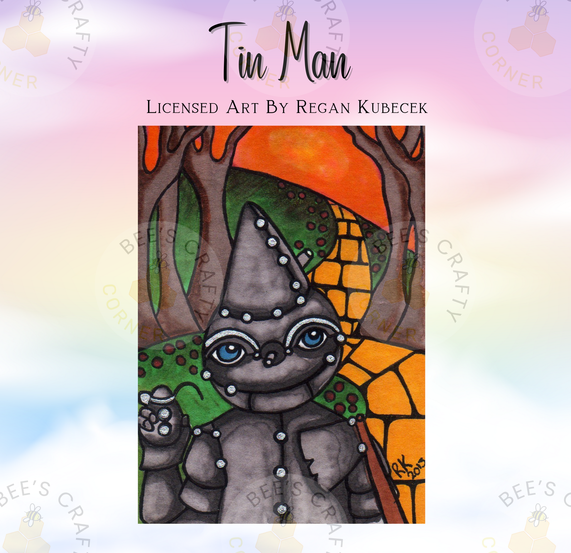 The image is a painting of a robot with a pointed hat and blue eyes, set against a colorful background with trees and a rainbow.