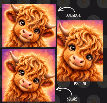 The image is a collage of three images depicting a cute, curly-haired cow with large eyes and a friendly expression. The cow is shown in different portrait and landscape styles, with arrows pointing to the appropriate style.
