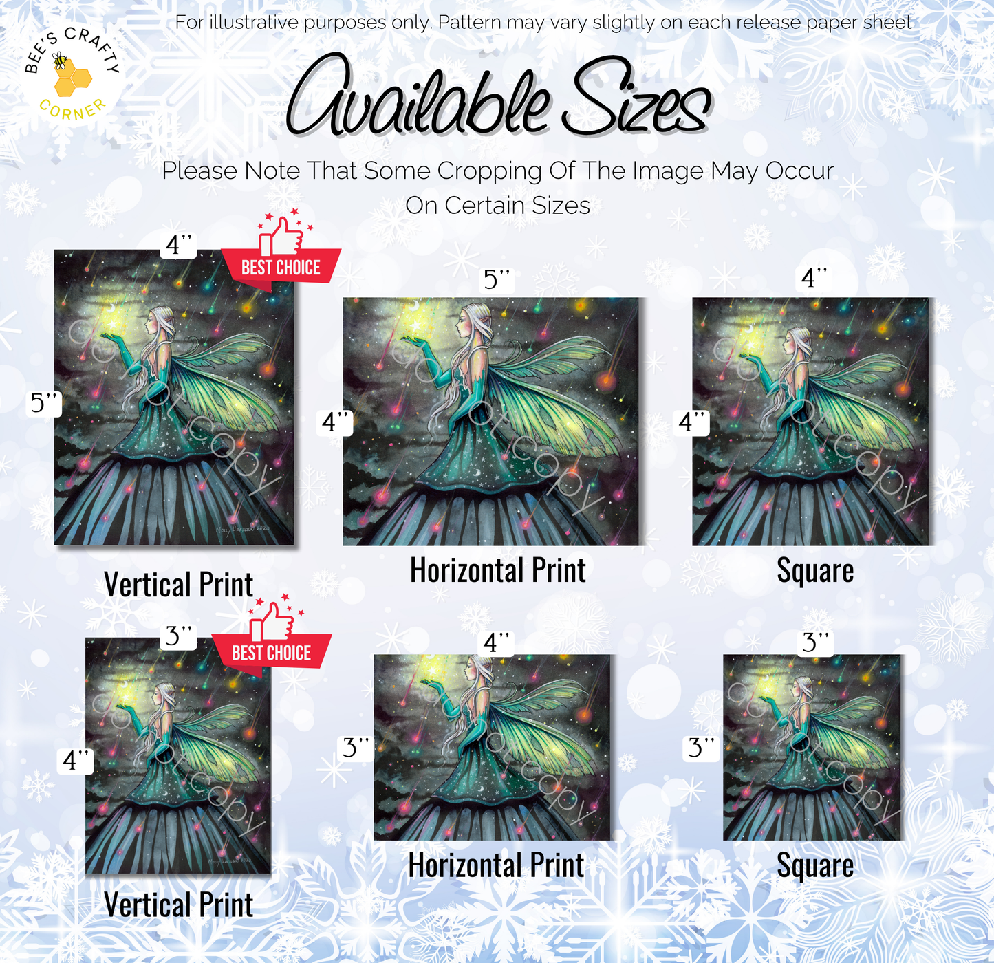 The image is a collection of six different sizes of the same fairy-like artwork, featuring a woman with wings and a green dress. The sizes range from 4" to 3" in inches. The artwork is available in vertical print, horizontal print, and square print. The image is a collage of multiple images, and the sizes vary slightly on each release paper sheet.