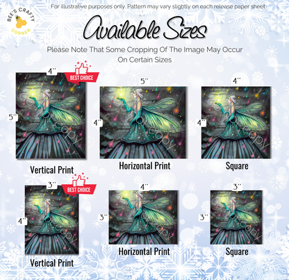 The image is a collection of six different sizes of the same fairy-like artwork, featuring a woman with wings and a green dress. The sizes range from 4" to 3" in inches. The artwork is available in vertical print, horizontal print, and square print. The image is a collage of multiple images, and the sizes vary slightly on each release paper sheet.