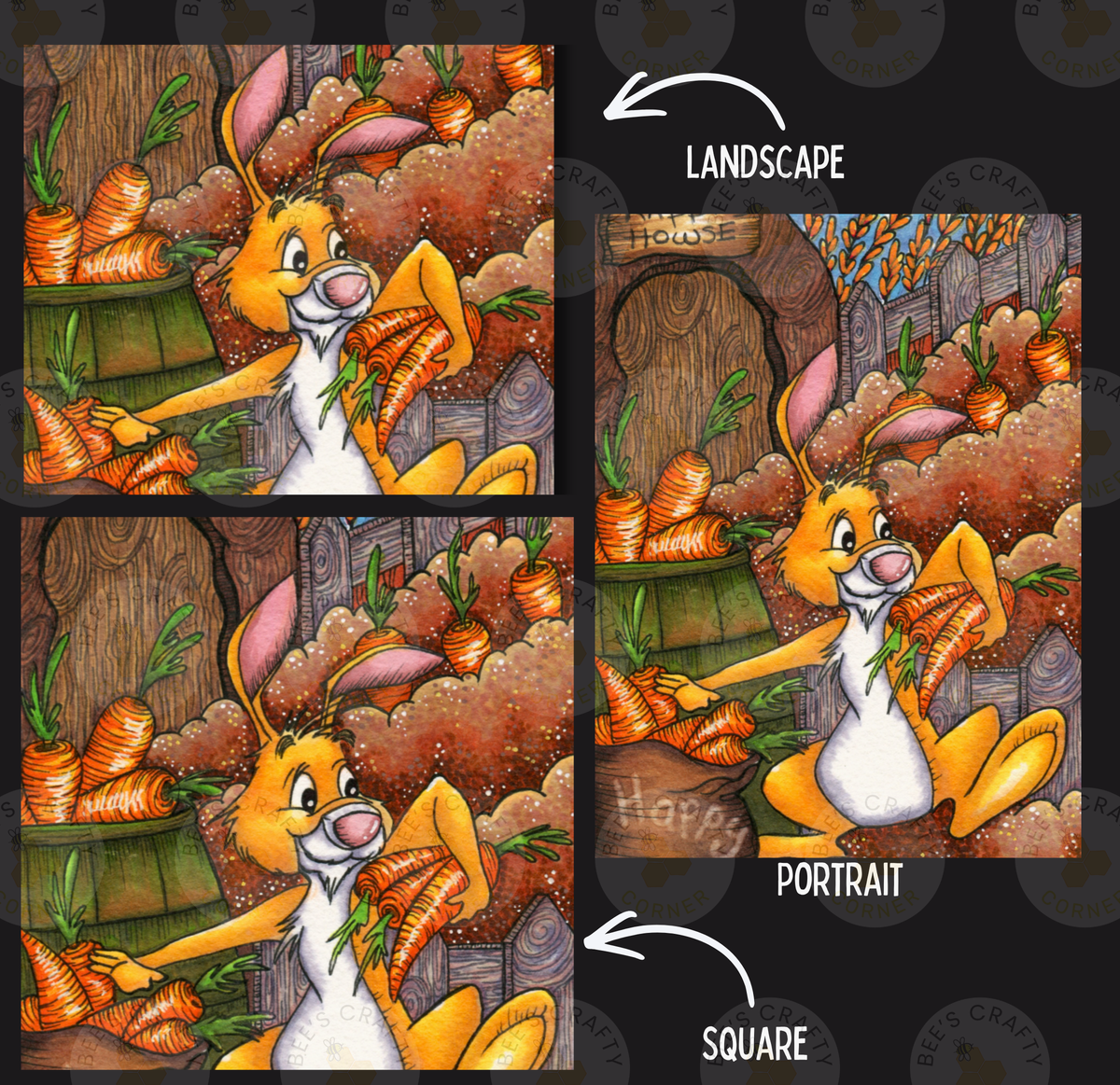 The image is a collage of three images depicting a rabbit surrounded by carrots. The rabbit is shown in different poses, with the first image showing the rabbit holding a carrot, the second image showing the rabbit holding a carrot in its mouth, and the third image showing the rabbit holding a carrot in its hand. The image is labeled as a landscape, a portrait, and a square, indicating the different perspectives of the rabbit and the carrots.