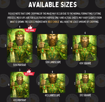 The image is a collage of six images featuring a bearded man in various sizes, each with different background colors and lighting effects. The man is holding a sword and wearing a green outfit. The images are labeled with the available sizes, such as 5x4 portrait, 5x4 landscape, 4x3 square, 4x3 portrait, and 4x3 landscape, indicating the different sizes that can be used for the artwork.