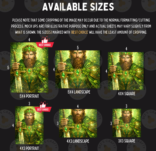 The image is a collage of six images featuring a bearded man in various sizes, each with different background colors and lighting effects. The man is holding a sword and wearing a green outfit. The images are labeled with the available sizes, such as 5x4 portrait, 5x4 landscape, 4x3 square, 4x3 portrait, and 4x3 landscape, indicating the different sizes that can be used for the artwork.