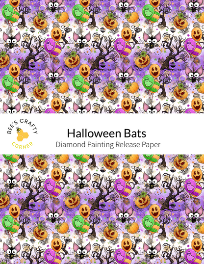 The image is a repeating pattern of Halloween-themed characters, including bats, pumpkins, and other spooky and festive elements. The pattern is a diamond-shaped design with a variety of colors and shapes, creating a visually engaging and festive atmosphere.
