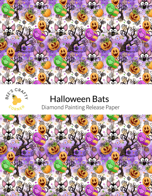 The image is a repeating pattern of Halloween-themed characters, including bats, pumpkins, and other spooky and festive elements. The pattern is a diamond-shaped design with a variety of colors and shapes, creating a visually engaging and festive atmosphere.