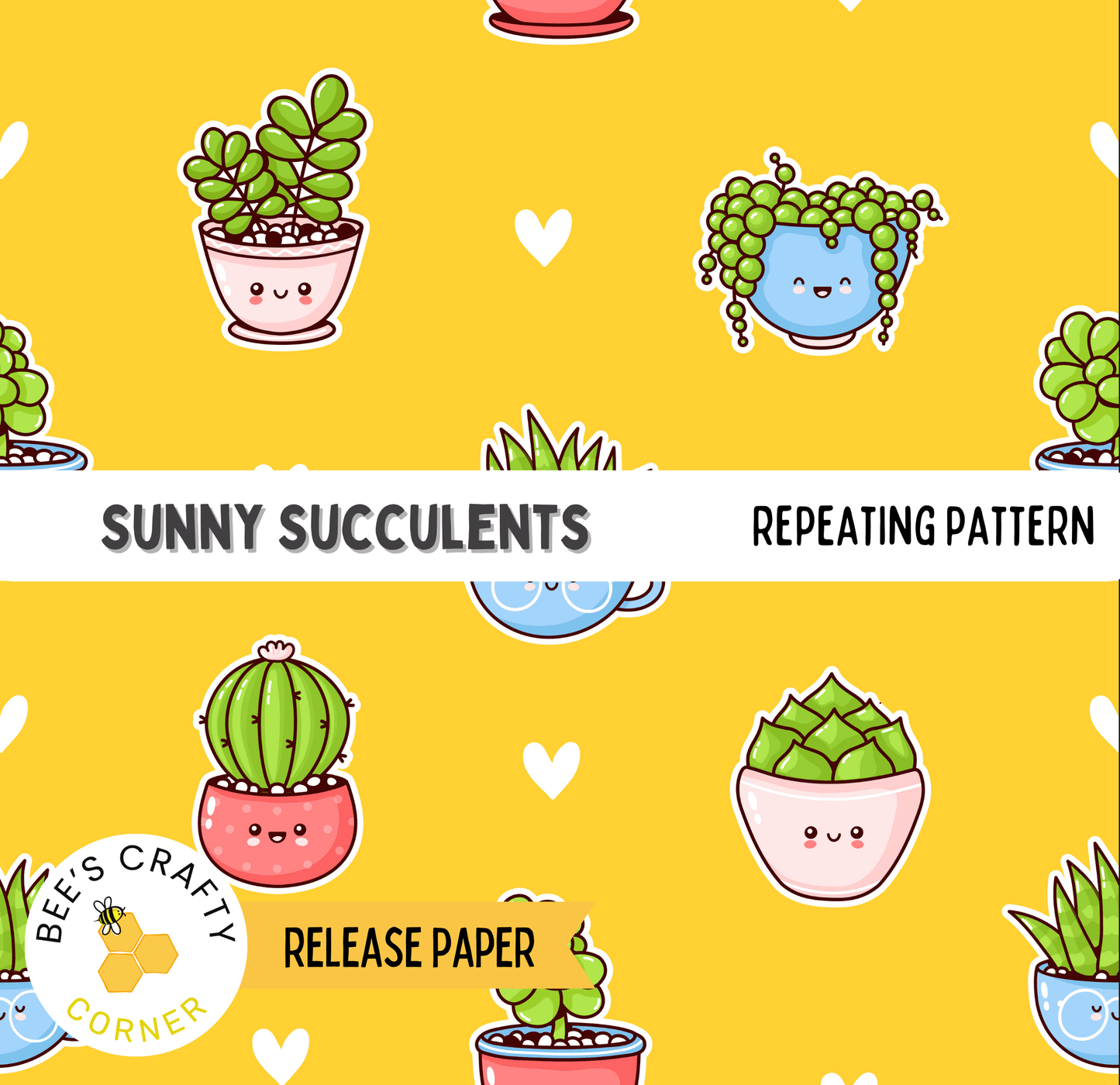 The image is a repeating pattern of various cute and colorful succulent plants in pots, including cacti and other types of succulents.