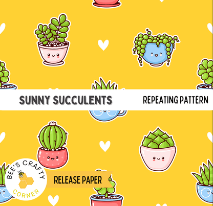 The image is a repeating pattern of various cute and colorful succulent plants in pots, including cacti and other types of succulents.