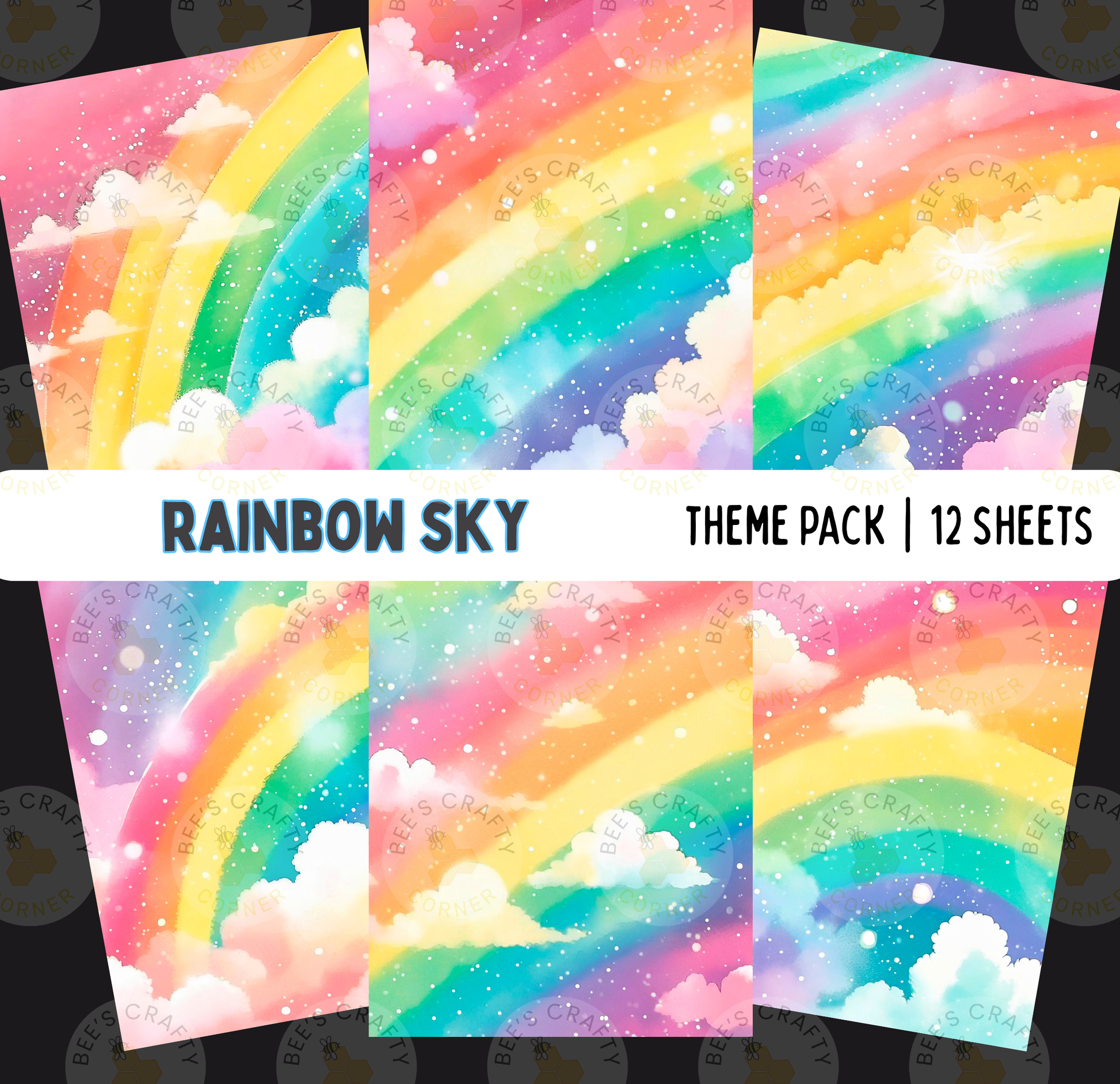 The image is a collage of six colorful, vibrant, and whimsical images depicting a rainbow sky with fluffy clouds.