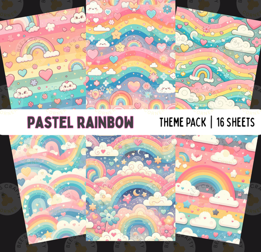 The image is a collage of six pastel-colored rainbow-themed backgrounds, each with a unique pattern and design. The text "PASTEEL RAINBOW" is displayed prominently, indicating the theme of the images.